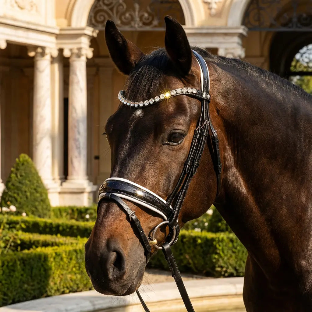 Trense Sparkle glitrende lak, hvidt eller sort underlagt CR-Harmonyequestrian