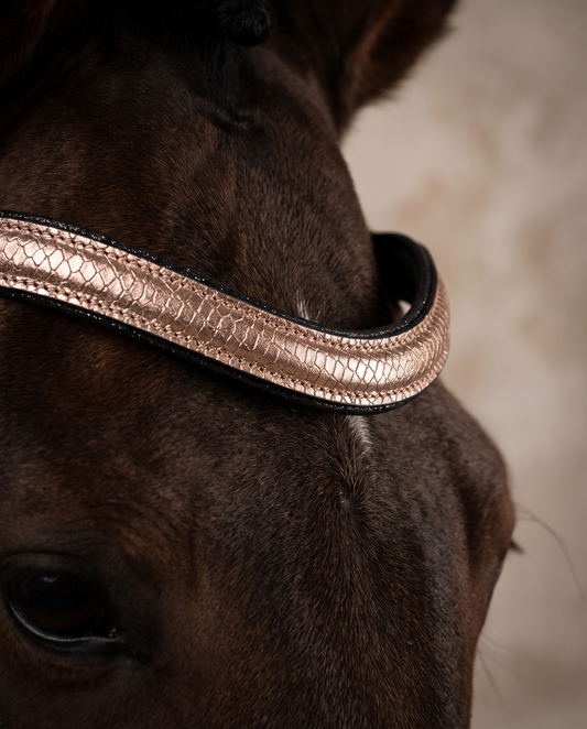 Stirnriemen Copper Rosé Lizard - Metallic-Leder in gedecktem Kupfer-Rosé mit Glitzerkante
