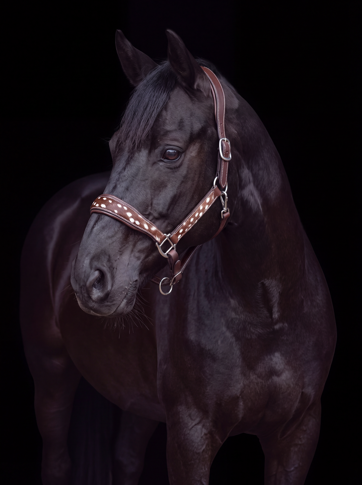 Dunkelbraunes Deer-Print-Halfter von CR Harmonyequestrian mit Rehkitzmuster an einem Rappen