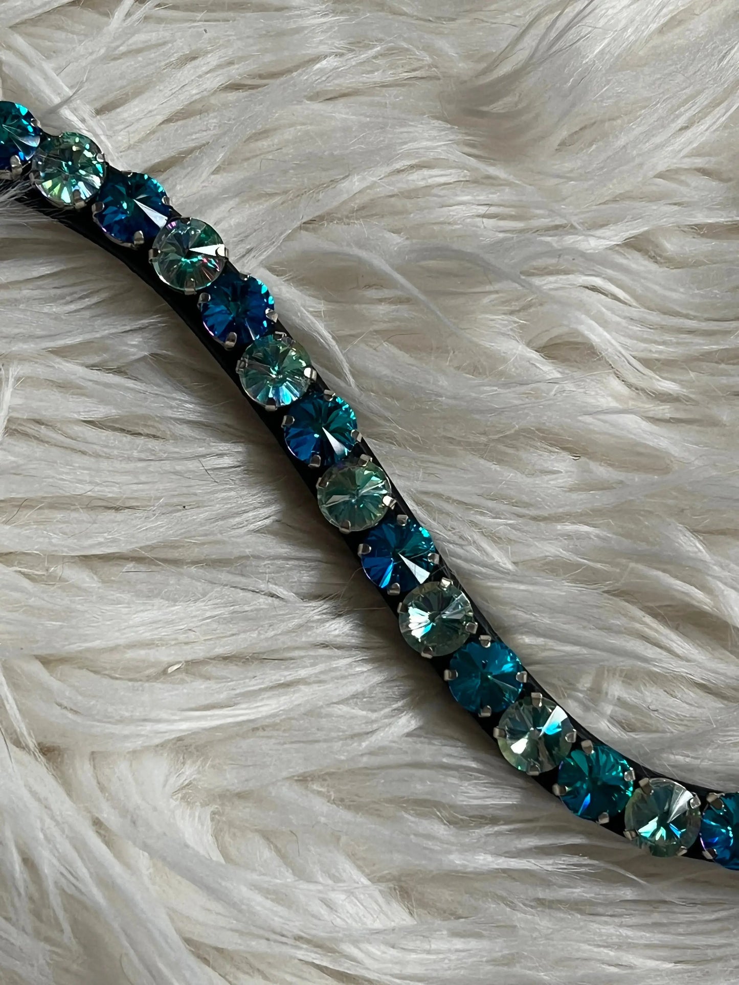 Blau-grüner Stirnriemen 12mm Rivoli mit Quick-Change Verschluss auf weißem Fell