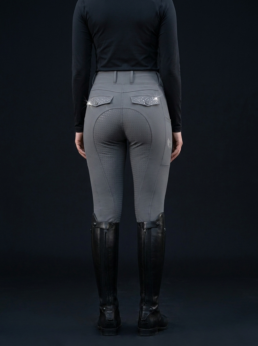 Diva Reitleggings in Grau mit Vollbesatz und Kristall-Taschen