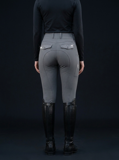 Diva Reitleggings in Grau mit Vollbesatz und Kristall-Taschen