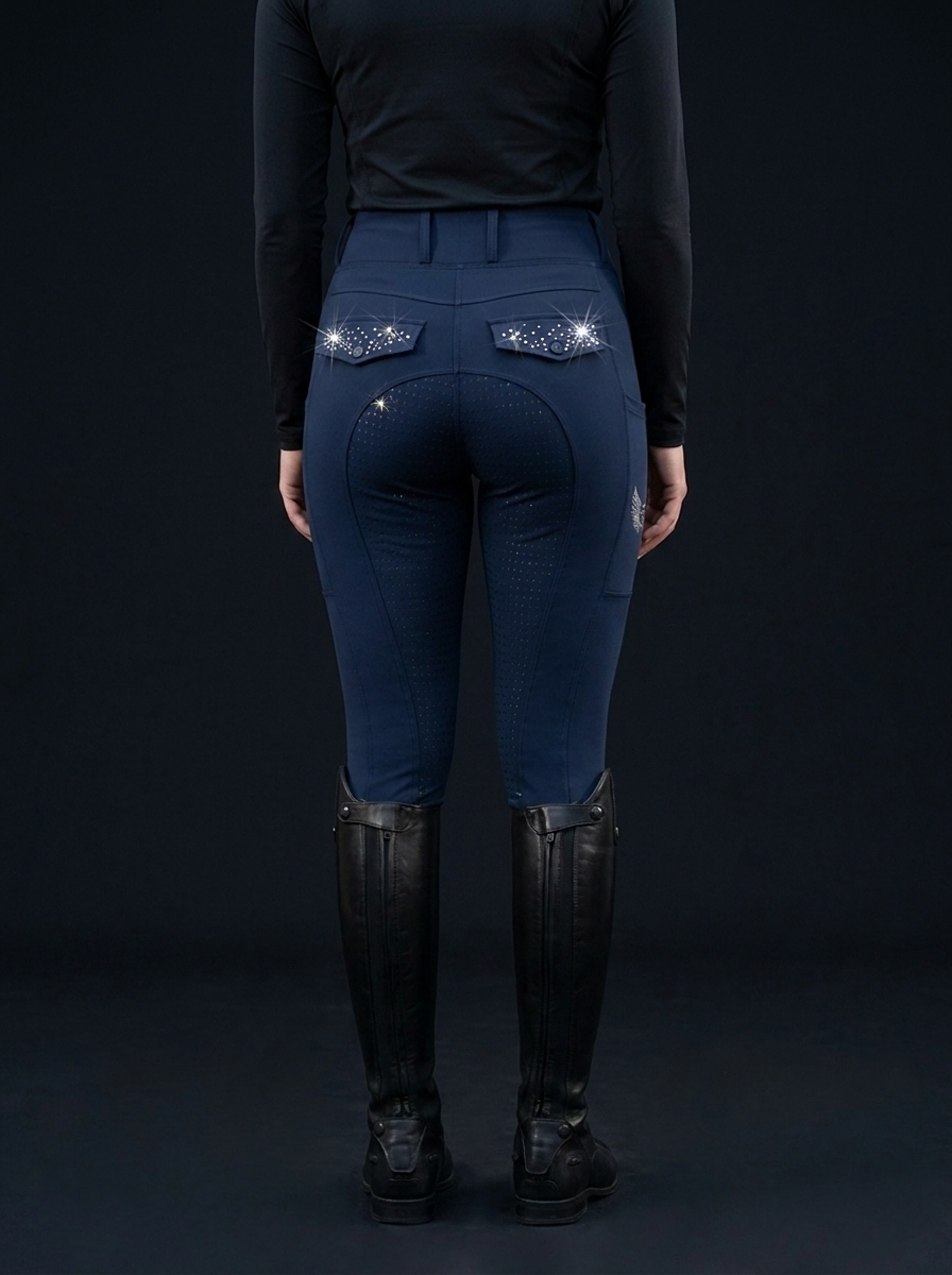 Diva Reitleggings in Blau mit Vollbesatz und Kristall-Taschen