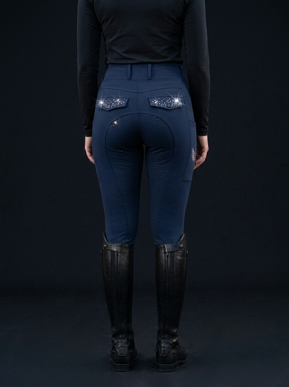 Diva Reitleggings in Blau mit Vollbesatz und Kristall-Taschen