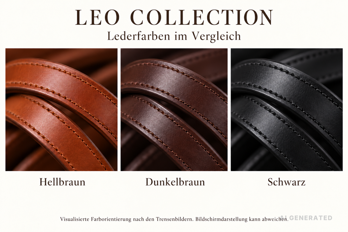 Leo Collection – visualisierte Lederfarben Hellbraun, Dunkelbraun und Schwarz; Farborientierung nach den Trensenbildern